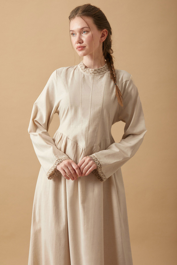 Lace-Trimmed Linen Dress Stone - 11