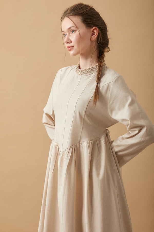 Lace-Trimmed Linen Dress Stone - 16