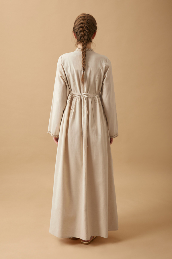 Lace-Trimmed Linen Dress Stone - 19