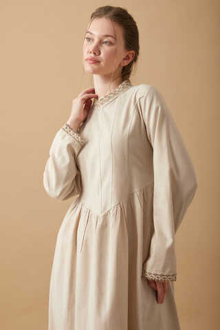 Lace-Trimmed Linen Dress Stone - 14