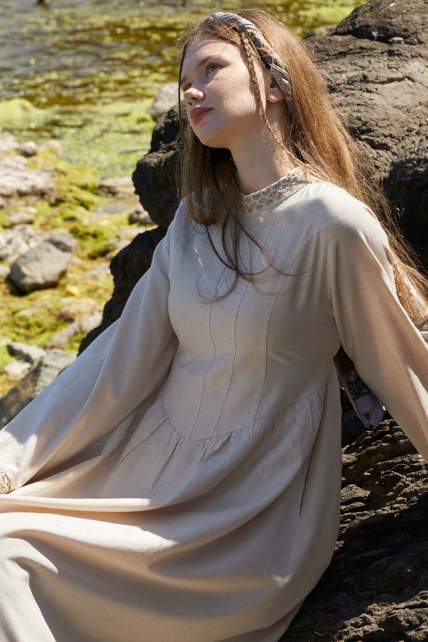 Lace-Trimmed Linen Dress Stone - 3