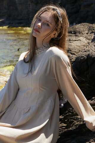 Lace-Trimmed Linen Dress Stone - 6