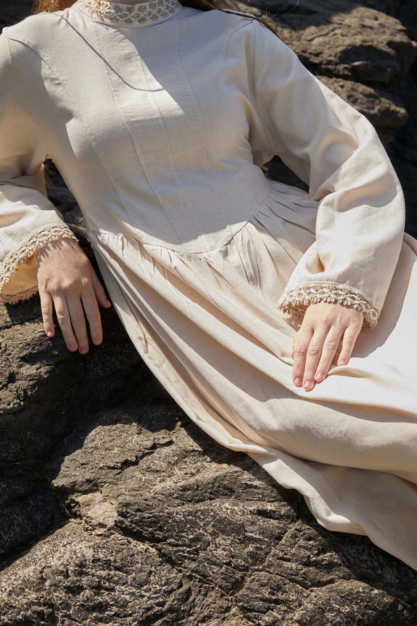 Lace-Trimmed Linen Dress Stone - 5
