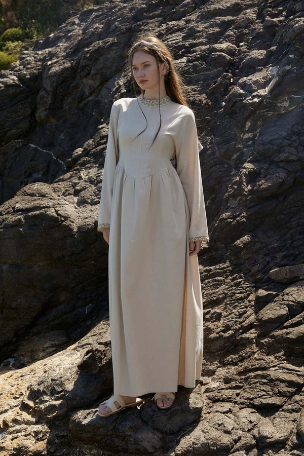 Lace-Trimmed Linen Dress Stone - 7