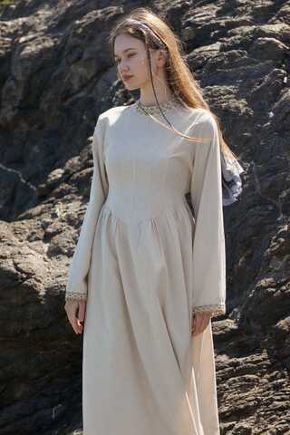 Lace-Trimmed Linen Dress Stone - 4