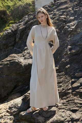 Lace-Trimmed Linen Dress Stone - 2