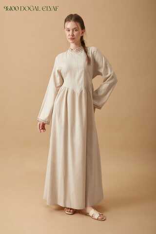 Lace-Trimmed Linen Dress Stone - 10