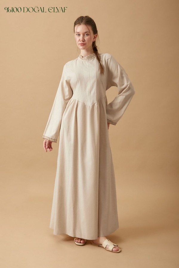 Lace-Trimmed Linen Dress Stone - 10
