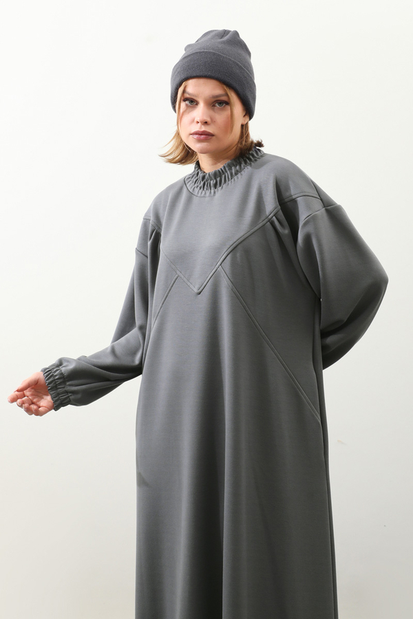 Lastik Büzgü Detaylı Elbise Antrasit - 4