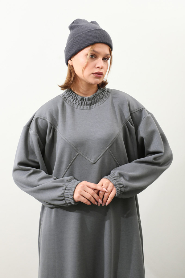 Lastik Büzgü Detaylı Elbise Antrasit - 5