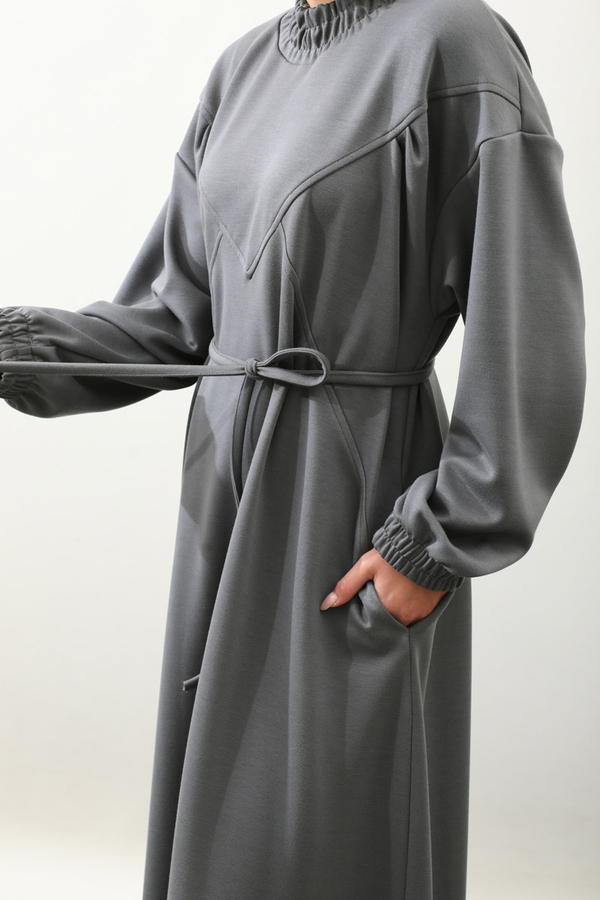 Lastik Büzgü Detaylı Elbise Antrasit - 9