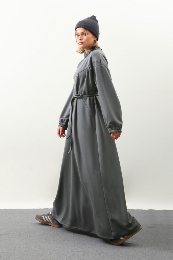 Lastik Büzgü Detaylı Elbise Antrasit - 11