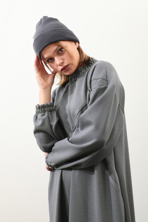 Lastik Büzgü Detaylı Elbise Antrasit - 6