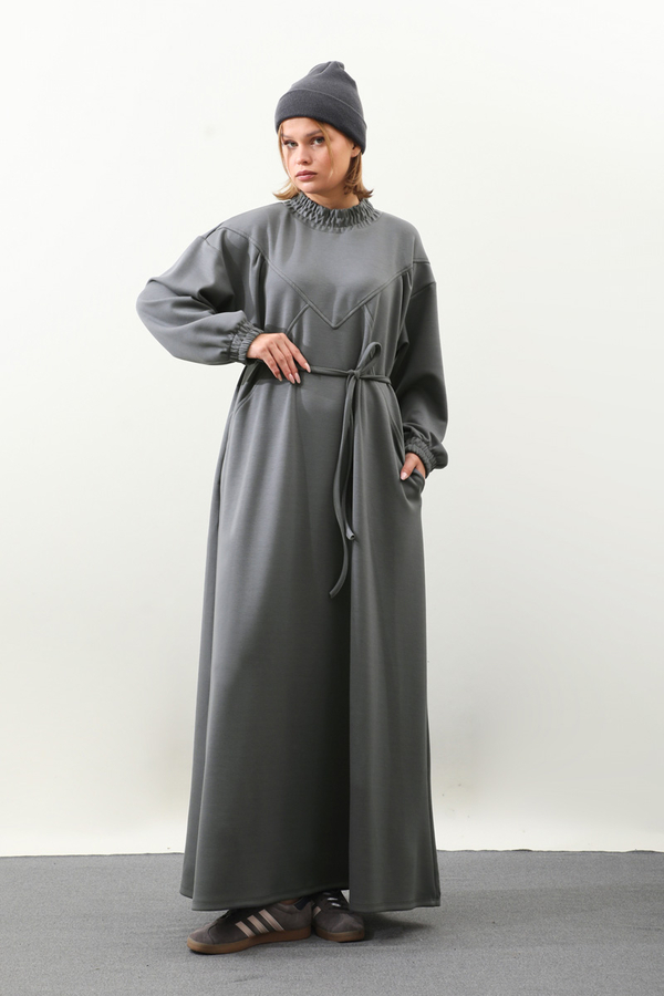 Lastik Büzgü Detaylı Elbise Antrasit - 8