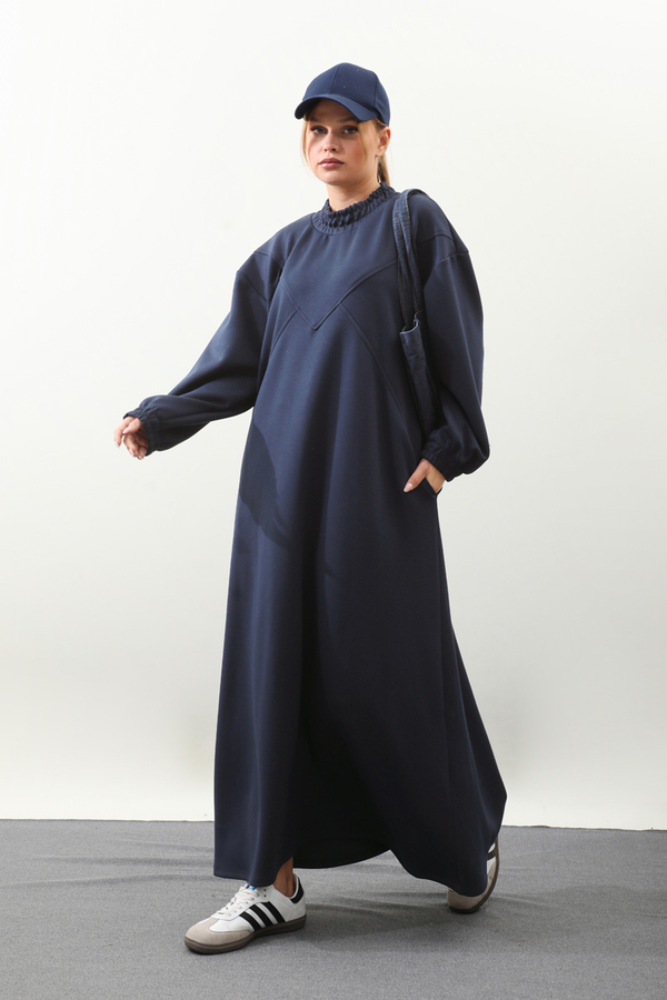 Lastik Büzgü Detaylı Elbise Lacivert - 2