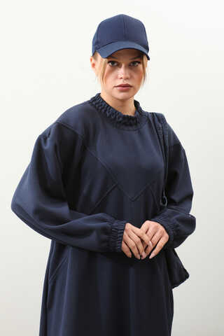 Lastik Büzgü Detaylı Elbise Lacivert - 3