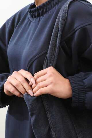 Lastik Büzgü Detaylı Elbise Lacivert - 4