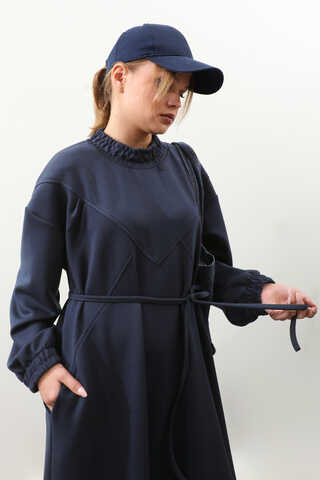 Lastik Büzgü Detaylı Elbise Lacivert - 7