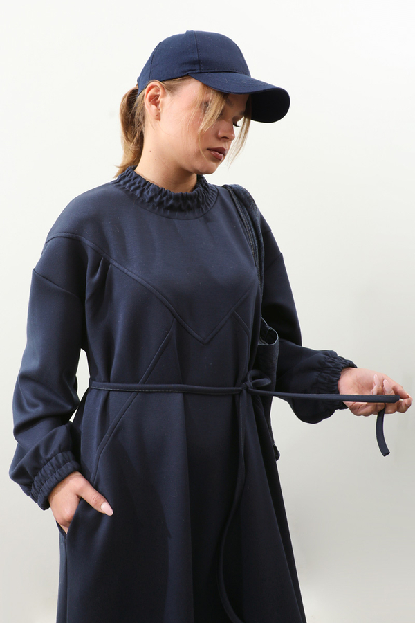 Lastik Büzgü Detaylı Elbise Lacivert - 7