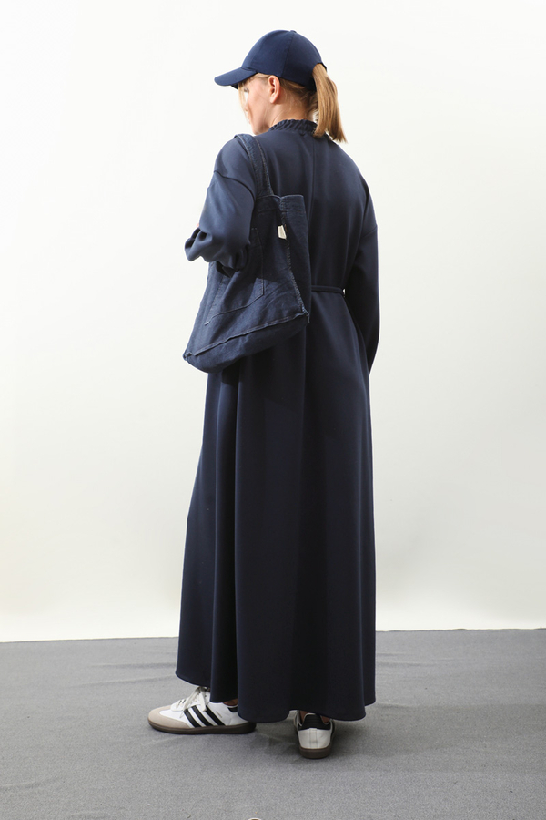 Lastik Büzgü Detaylı Elbise Lacivert - 9