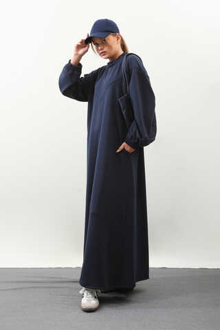 Lastik Büzgü Detaylı Elbise Lacivert - 1