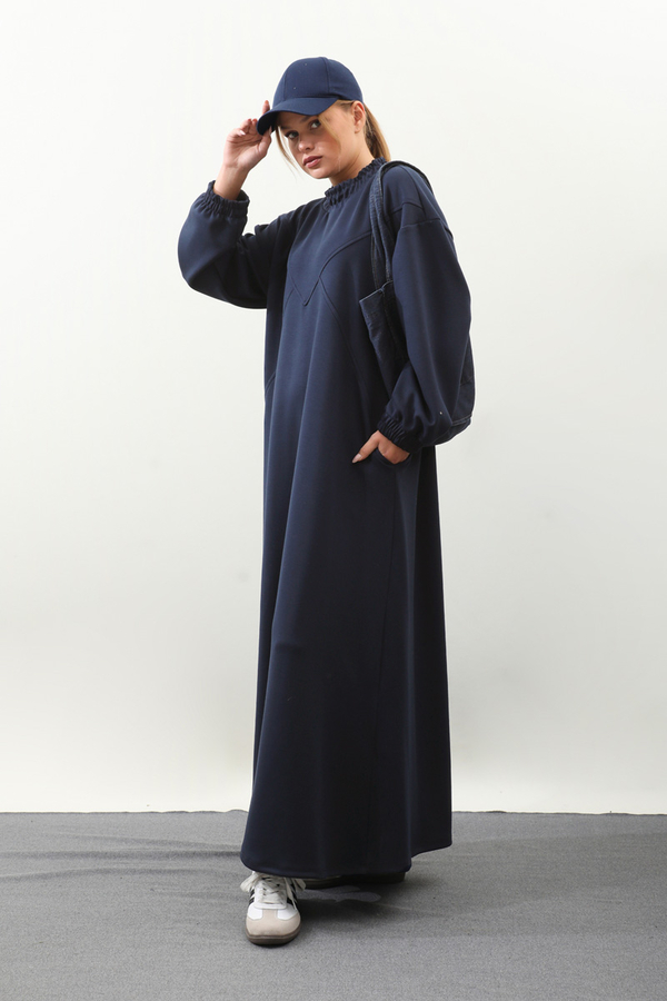 Lastik Büzgü Detaylı Elbise Lacivert - 1