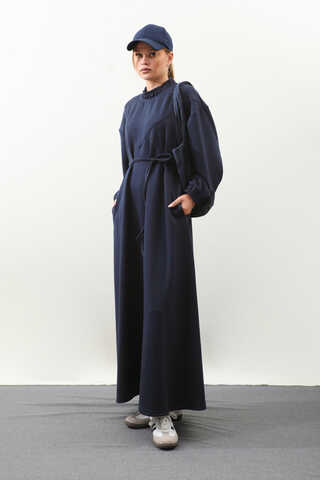 Lastik Büzgü Detaylı Elbise Lacivert - 5