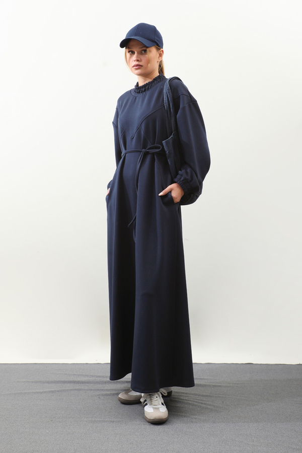 Lastik Büzgü Detaylı Elbise Lacivert - 5