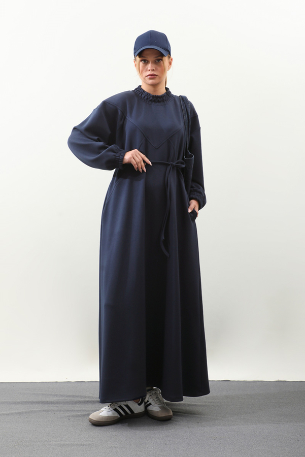 Lastik Büzgü Detaylı Elbise Lacivert - 6