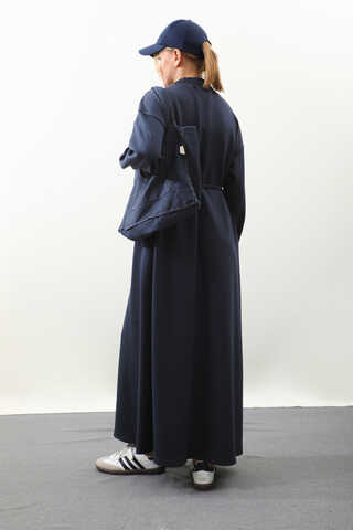 Lastik Büzgü Detaylı Elbise Lacivert - 9