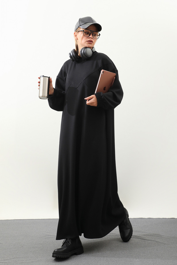 Lastik Büzgü Detaylı Elbise Siyah - 1