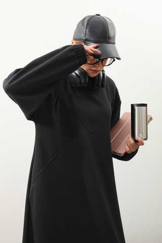 Lastik Büzgü Detaylı Elbise Siyah - 3