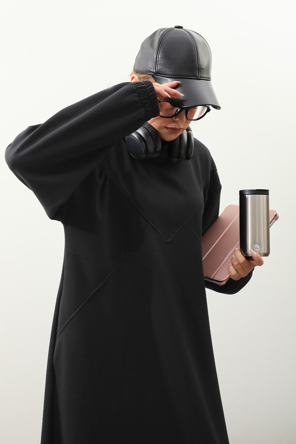 Lastik Büzgü Detaylı Elbise Siyah - 3