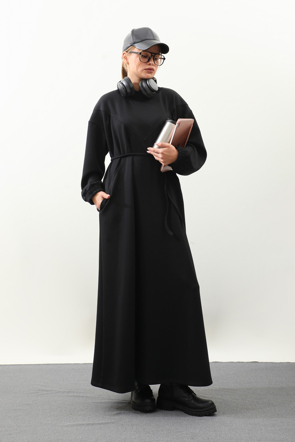 Lastik Büzgü Detaylı Elbise Siyah - 4