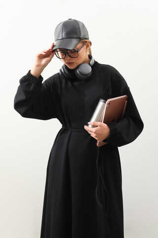 Lastik Büzgü Detaylı Elbise Siyah - 6