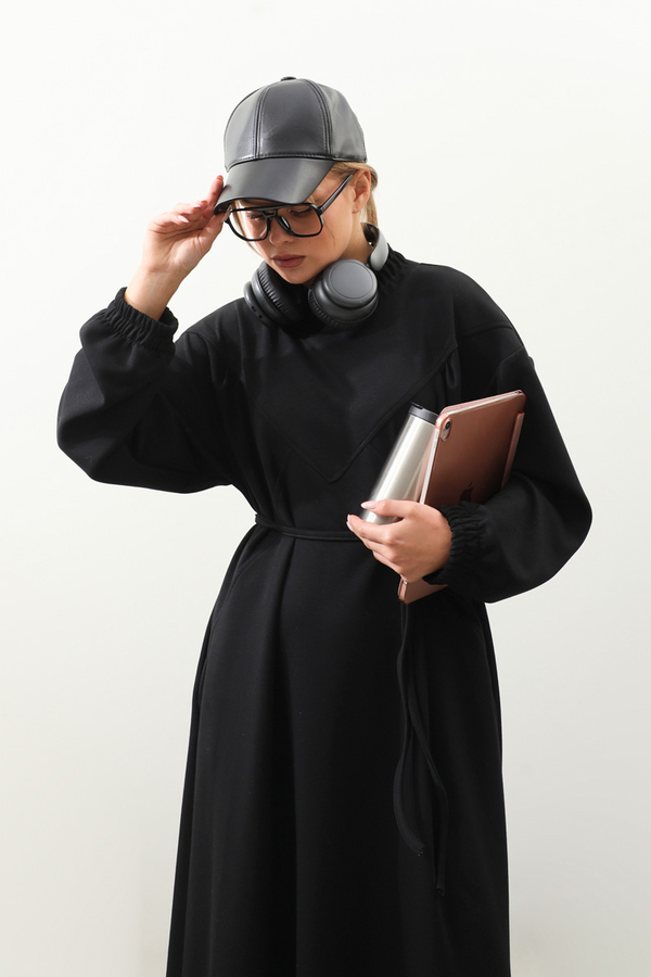 Lastik Büzgü Detaylı Elbise Siyah - 6