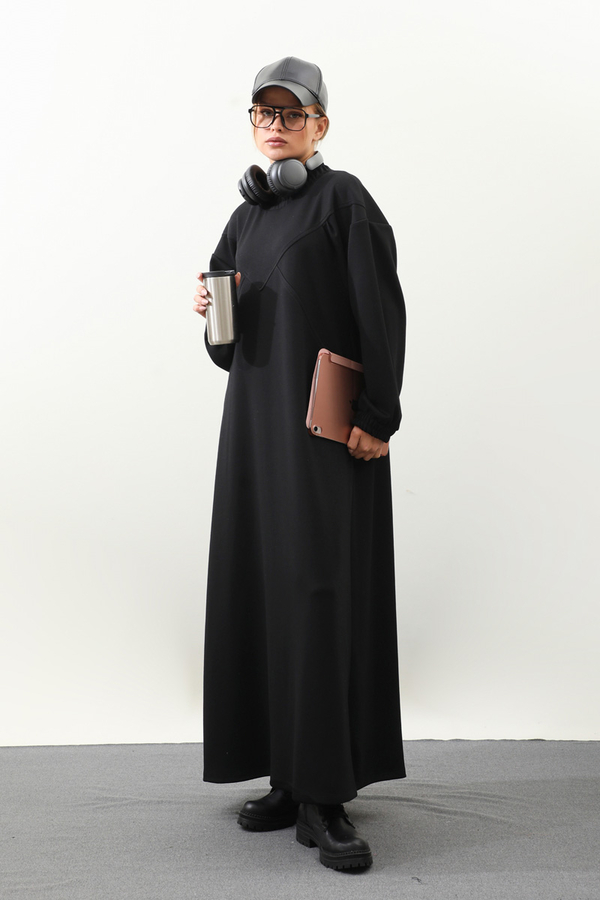 Lastik Büzgü Detaylı Elbise Siyah - 2