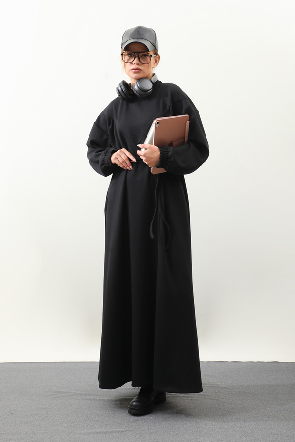 Lastik Büzgü Detaylı Elbise Siyah - 5