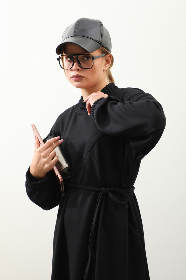 Lastik Büzgü Detaylı Elbise Siyah - 9