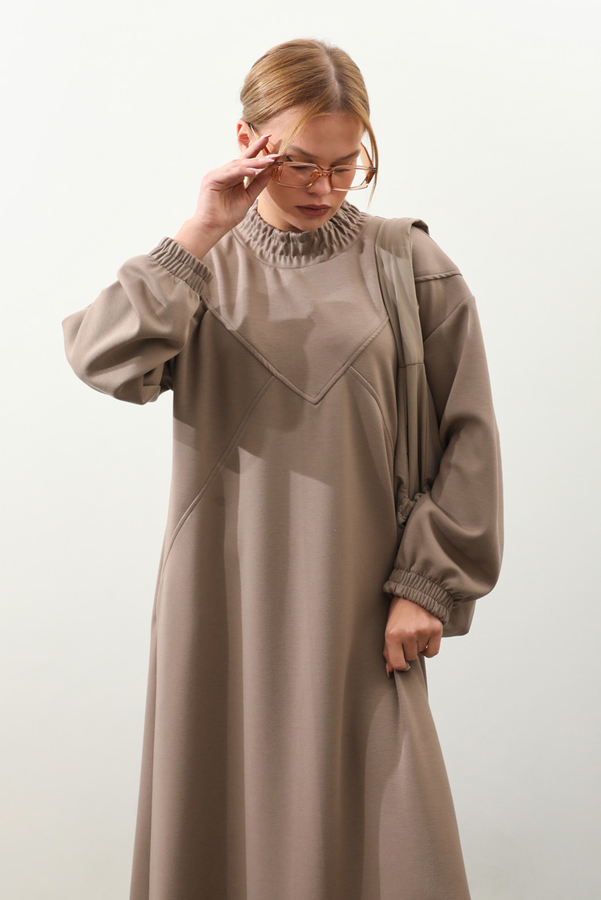 Lastik Büzgü Detaylı Elbise Toprak 