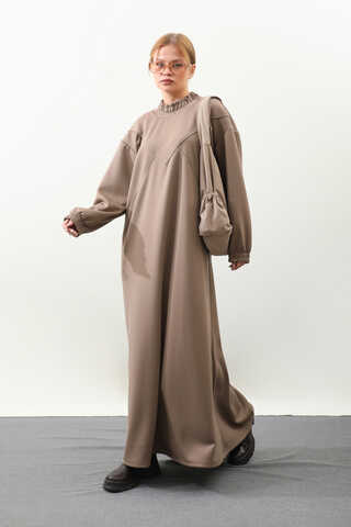 Lastik Büzgü Detaylı Elbise Toprak - 2