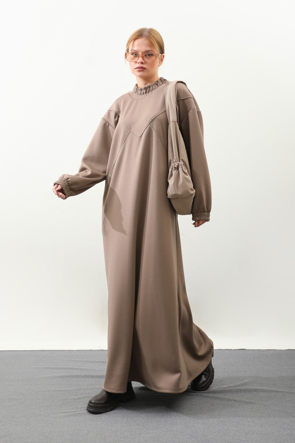 Lastik Büzgü Detaylı Elbise Toprak - 2