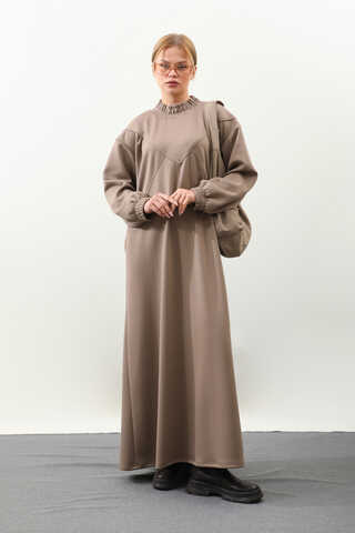 Lastik Büzgü Detaylı Elbise Toprak - 3