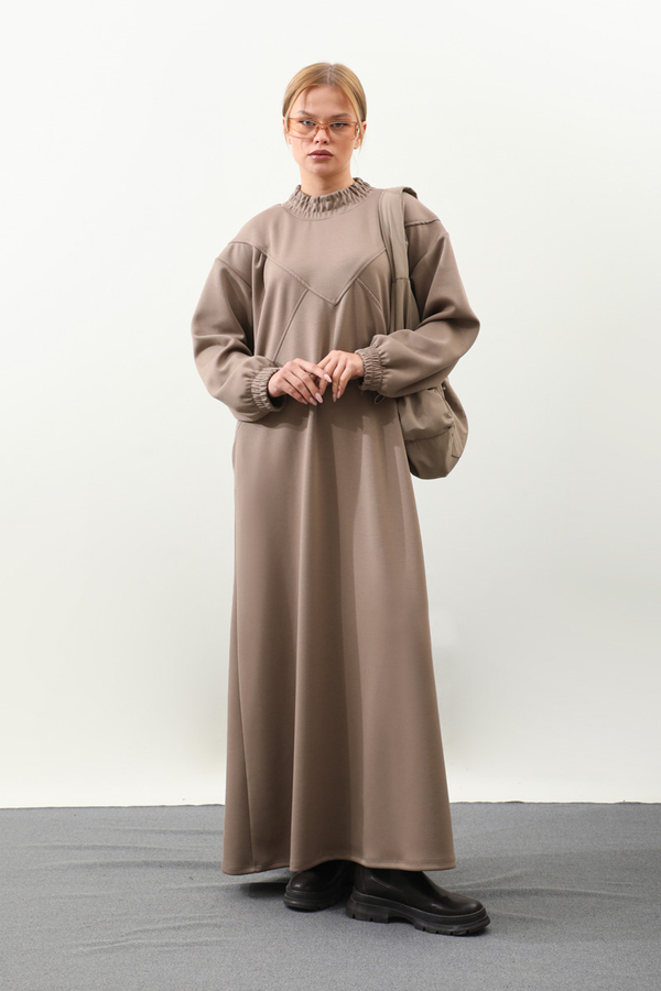 Lastik Büzgü Detaylı Elbise Toprak - 3