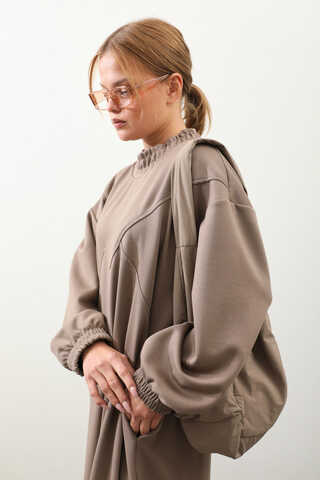 Lastik Büzgü Detaylı Elbise Toprak - 4