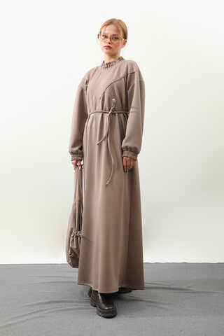 Lastik Büzgü Detaylı Elbise Toprak - 5