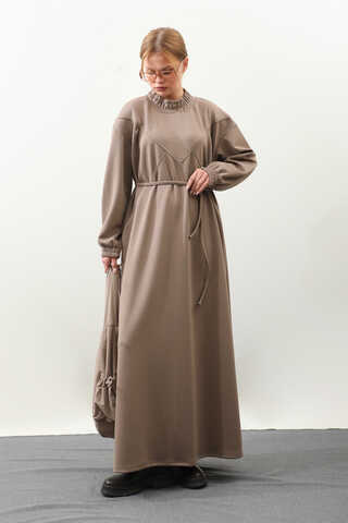 Lastik Büzgü Detaylı Elbise Toprak - 6