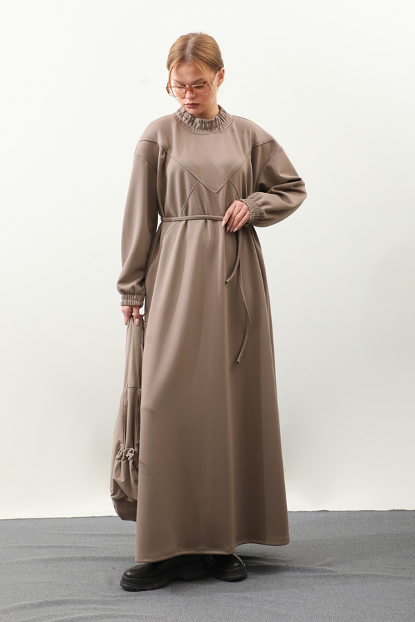 Lastik Büzgü Detaylı Elbise Toprak - 6