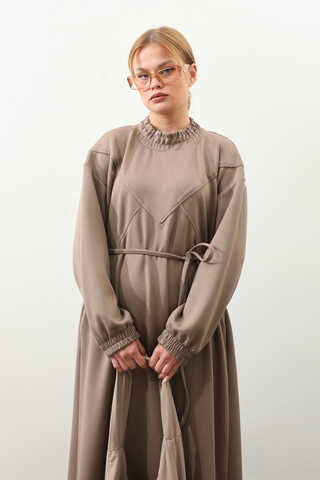 Lastik Büzgü Detaylı Elbise Toprak - 7