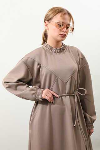 Lastik Büzgü Detaylı Elbise Toprak - 8